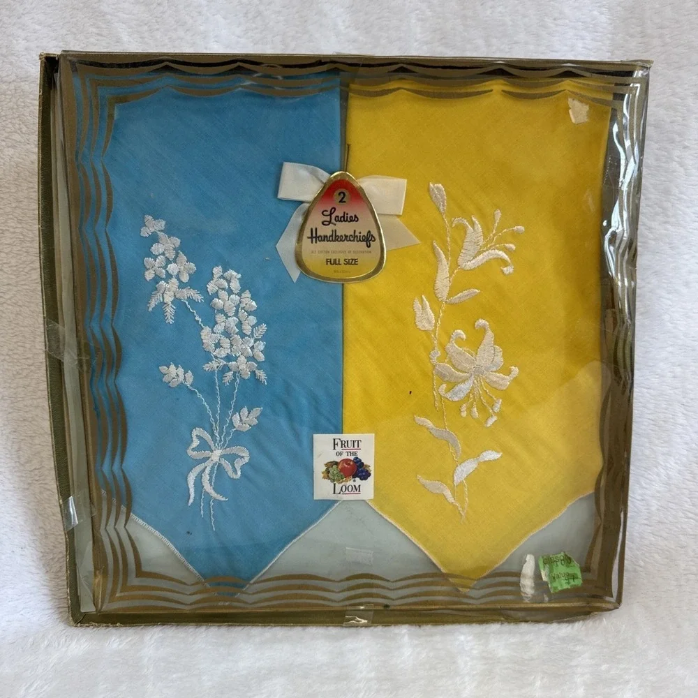 Vintage Fruit of the Loom Embroidered Cotton Handkerchiefs‎ 2 Pack Blue Yellow
